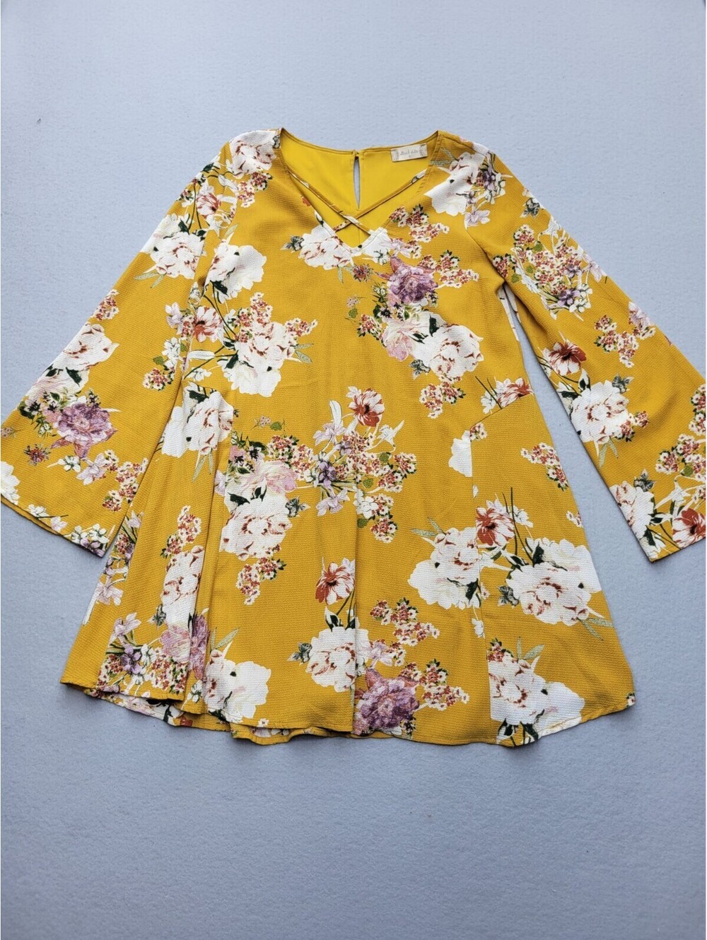 Altar'd State Women's Dress Size S Mustard Tent Mini 3/4 Sleeve Floral Casual